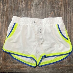 White Athletic Shorts with Neon Yellow & Royal Blue Trim - Women's